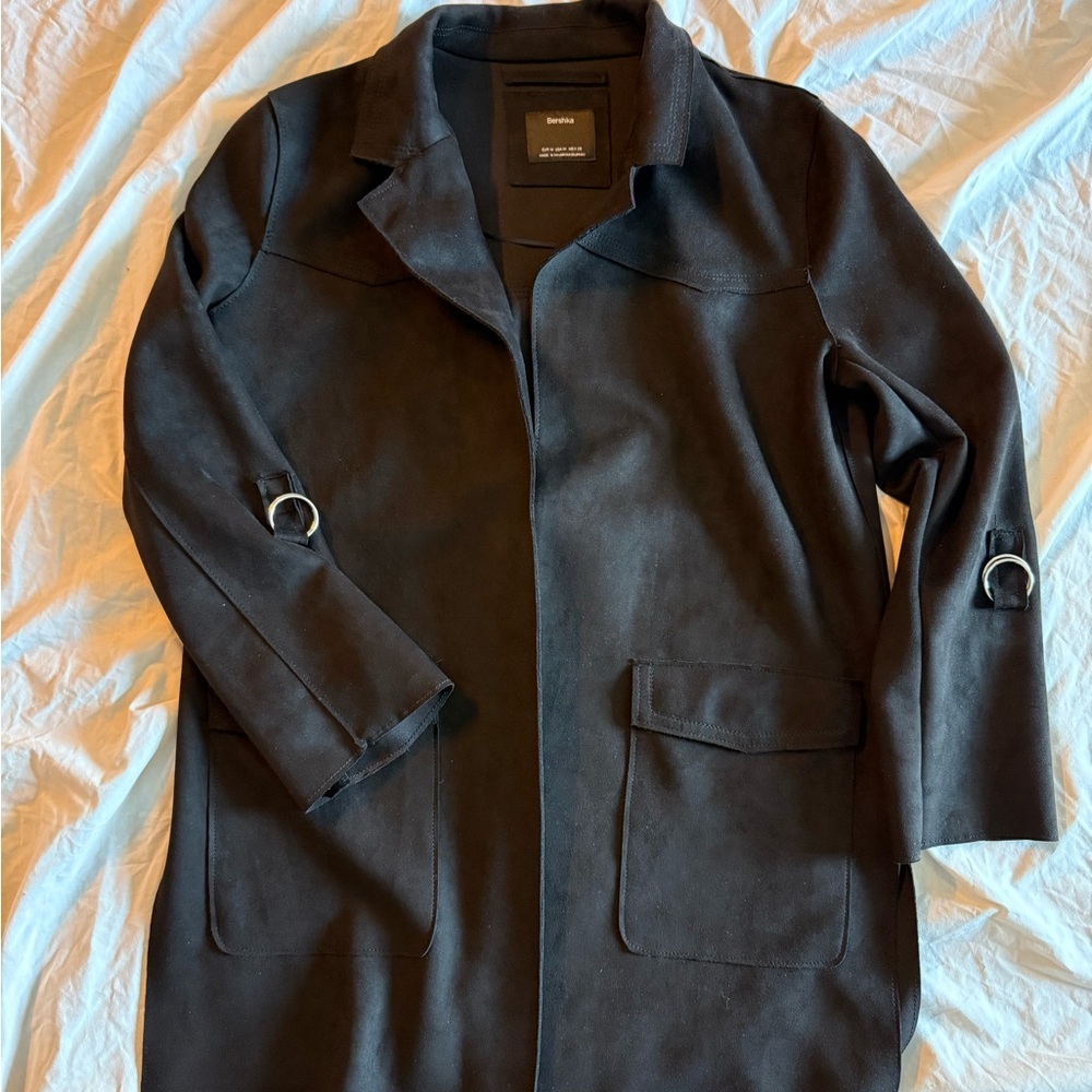 Black Bershka Suede Long Coat with Ring Accents